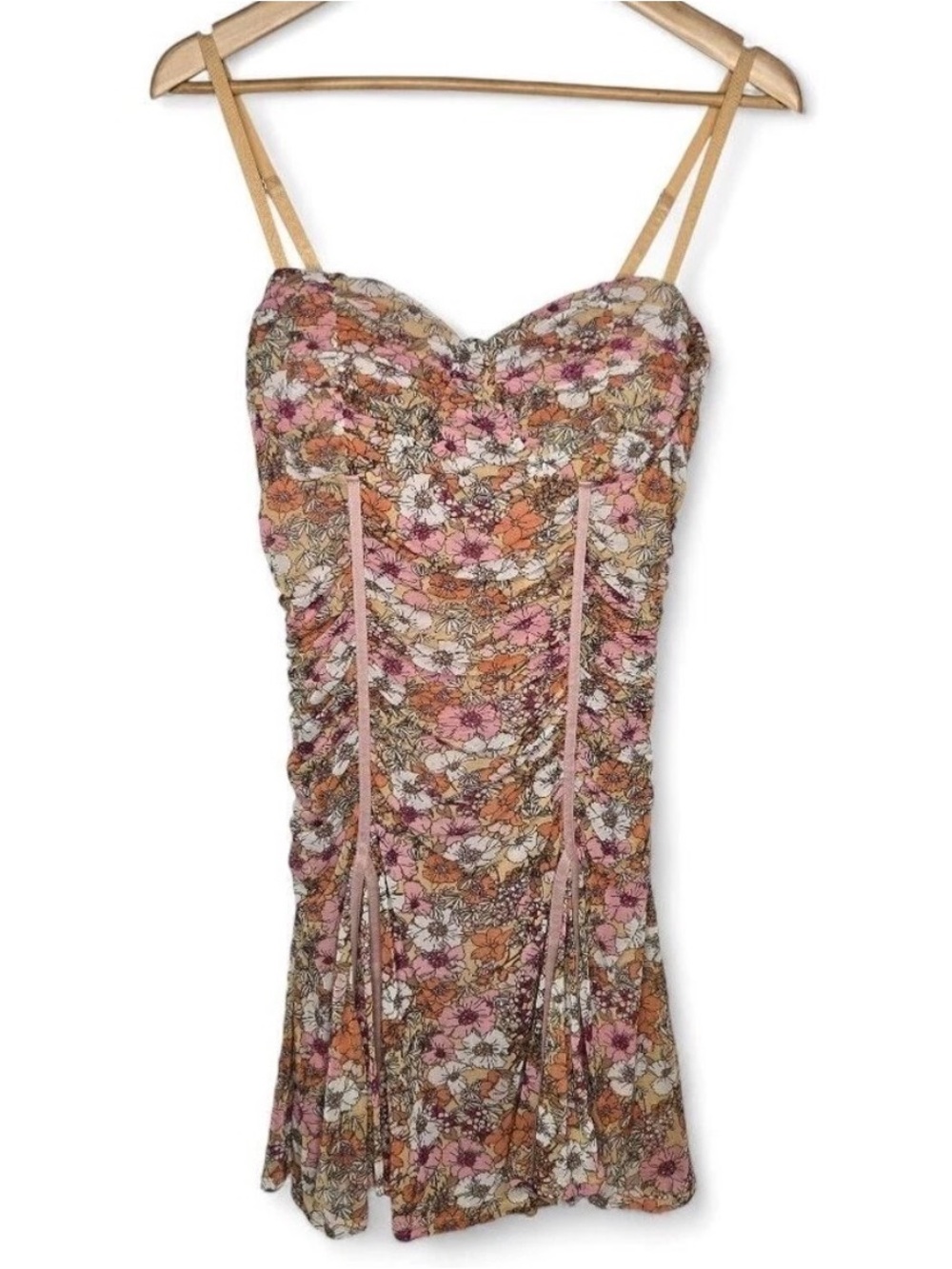Story on Los Angeles Pink, Tan & Cream Floral Ruched Mini Dress